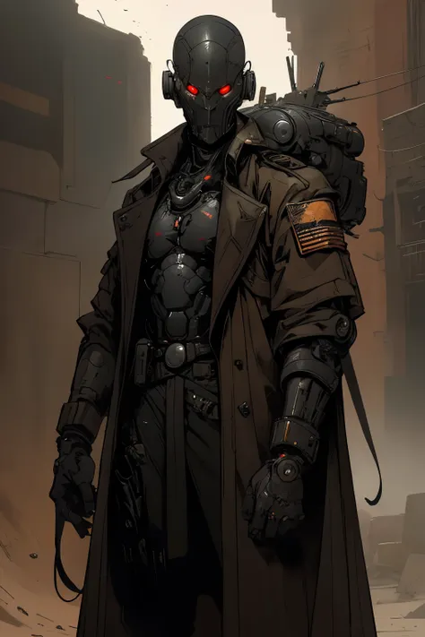 derpd, lethal cyborg wearing a trench coat, sci-fi, male, bounty hunter, danger, military, dark,