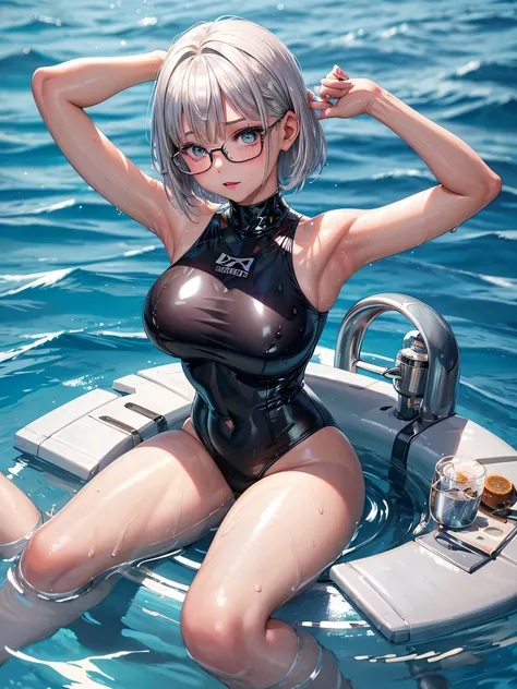 best image quality、8K、UHD、pieces fly、cute eyes、silver hair、Glasses、latex high neck swimwear、latex high neck school swimwear、short hair、短髪のsilver hair美女、wet skin、