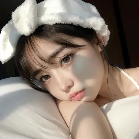 there is a woman with bunny ears and a white shirt, Ulzzang, young lovely korean face, rosto redondo macio, adorable and pale korean face, Lalisa Manobal, pale milky white porcelain skin, cara clara e fofa, Jinyoung Shin, testa grande, small heart-shaped f...