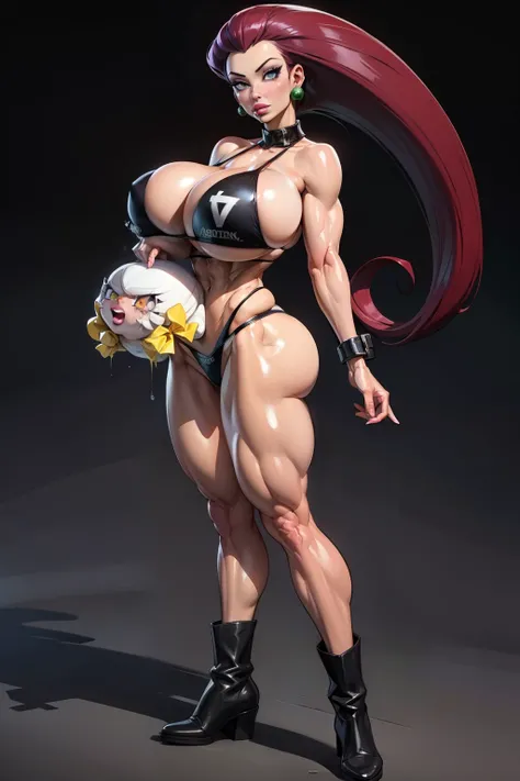 (cleavage cutout), Generate an illustration of a mature jessie, ((pokemon)),  dark red hair ,  (aletta ocean face), de terno preto, (bikini:1.3), long hair, hair flows straight down, (gigantic breasts:1.4), in anime format with a serious style, (transparen...