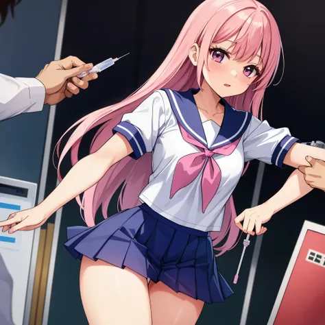 High school girl in a sailor suit with pink hair receiving vaccination、A man grabs your arm and takes a syringe and stabs it into your upper arm.