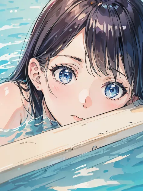 A girl peeking out of the school pool、summer、close up of face