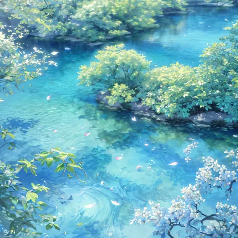 (best quality,4K,8k,highres,masterpiece:1.2), ultra-detailed, (realistic,photorealistic,photo-realistic:1.37), (CG:1.1), (best quality) serene, blue sea with delicately colored tree leaves and flower petals falling in the air, ray tracing, ultra-detailed, ...