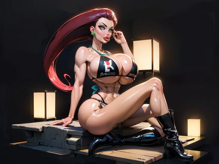  Generate an illustration of a mature jessie, ((pokemon)),  dark red hair ,  (aletta ocean face), de terno preto, (bikini:1.3), long hair, hair combed back, (gigantic breasts:1.1), in anime format with a serious style, (transparent sash around waist), ((wh...