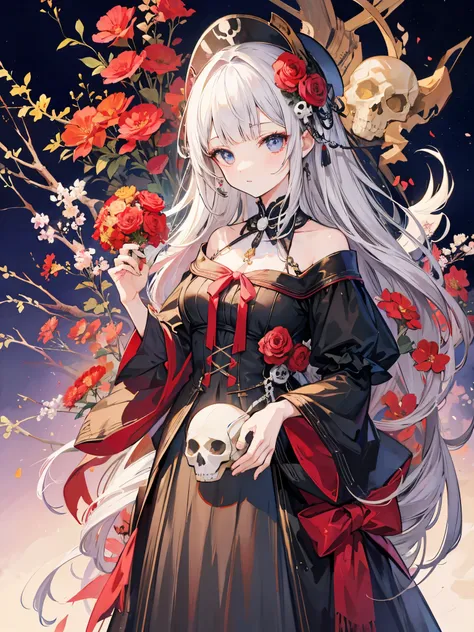 anime illustration high quality、masterpiece、Beautiful woman holding a skull in both hands。dried flower