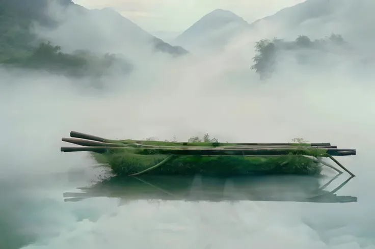 there is a small boat that is floating in the water, in a serene landscape, serene landscape, floating in mist, water fog, fog on the water, ethereal landscape, foggy water, floating in a misty daze, by Cheng Jiasui, water mists, misty environment, water l...