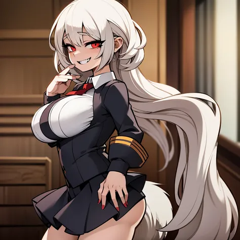 Anime style image of a girl with short white hair, red eyes, big breasts and a sadistic and crazy smile. She has two huge fangs protruding from her mouth. She wears a uniform, a very tight schoolgirl uniform, and is in a classroom. 