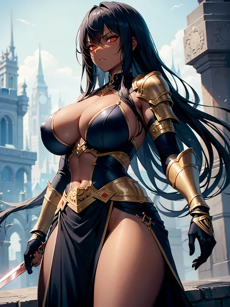 shiny curly frizzy hair, shiny skin, shiny glowing eyes, shiny bronze armor, warrior girl, dark skin, big breasts, long skirt, imposing expression, sword