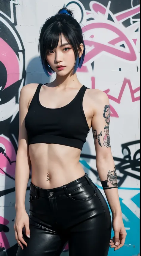 best quality, Clarity, 4k, 8k, detail, actual, Beautiful Girl, Korean makeup, black lips, pink and blue mullet haircut, Perfect body, full yakuza tattoo arm, thigh, stand, pose standing, medium chest, tank top, black legging Pants, Solid graffiti wall back...