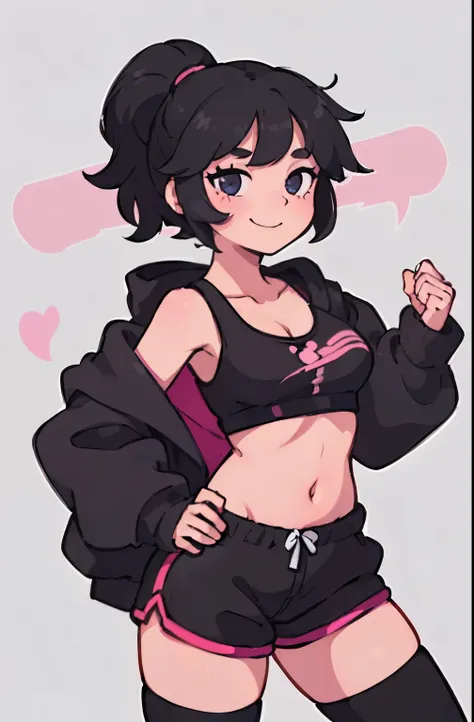 A short girl with short floofy black hair with one strip going onto her shoulder she has pink eyes, and wears a black croptop with a heart shaped hole showing part of her cleavage in the middle and a black unzipped hoodie gym shorts and a black and white t...