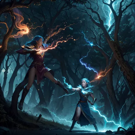 vision, two mages, attack each other with magic, lightning and fire,