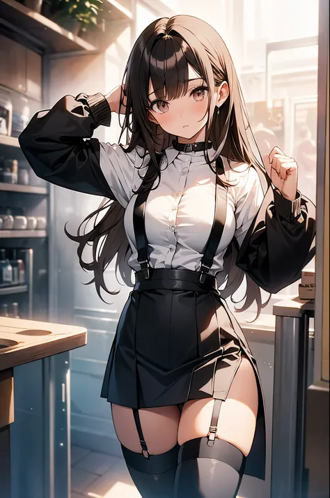 brown hair、looking at the viewer　　suspenders　　　Bulging big breasts　　 　 　　　　Black miniskirt　garter belt　knee high socks　　　　　　Gaze　　　small face　bangs 　　　　　Beauty　　hands up　　 　Gaze 　black boots 　provocation　　armpit sweat　one person 　　put your hands behind you...