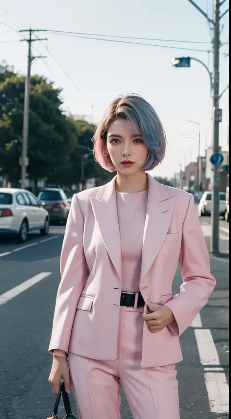 Vogue style photoshoot, Clarity, 4k, 8k, detail, actual, Beautiful Girl, wear pastle blazer, pastle pants, black lips, pink and blue mullet haircut, Perfect body, thigh, stand, pose standing, medium chest, Wes Anderson style, background in Wes Anderson sty...