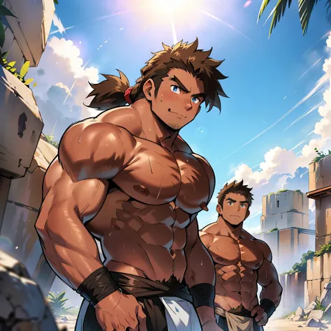 ((Anime style art)), There is a person standing on rocky desert behind him, sunny day, Muscular!, shirtless, topless, handsome, cute face, muscular character, muscular barbarian, Beefcake Pose, bare torso, bare shoulders, solo, 1 boy, (there is a round lin...