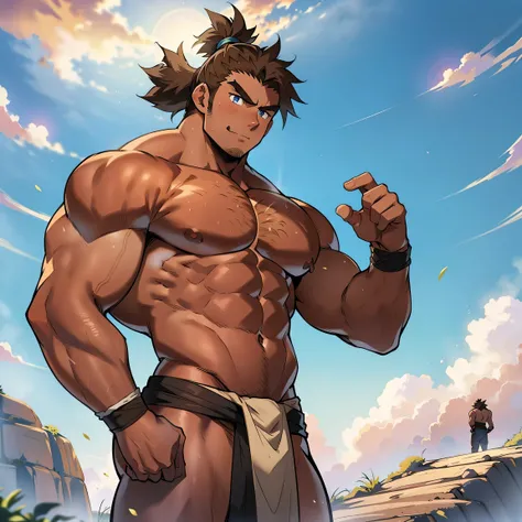 ((Anime style art)), There is a person standing on rocky desert behind him, sunny day, Muscular!, shirtless, topless, handsome, cute face, muscular character, muscular barbarian, Beefcake Pose, bare torso, bare shoulders, solo, 1 boy, (there is a round lin...