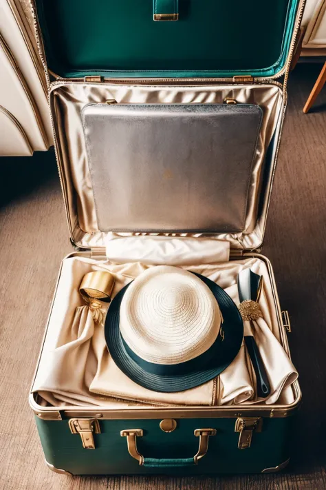 (RAW style, masterpiece, best quality, ultra-detailed) POV someone is holding a silver suitcase with a hat on top of it, a picture by Emma Andijewska, instagram, hurufiyya, in suitcase in airport. This breathtaking photograph captures a mesmerizing moment ...