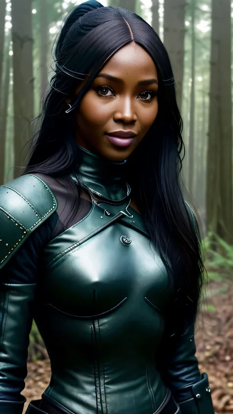 Foto hiperrealista en primer plano de Naomi Campbell, Create dystopian masterpieces. as a witcher, scene from the Witcher movie, the entire figure dressed in witcher style, in woods, beautiful woman, skinny, medium breasts, black long hair, hair in a ponyt...