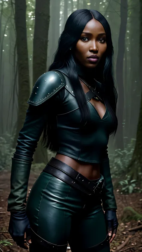 Foto hiperrealista en primer plano de Naomi Campbell, Create dystopian masterpieces. as a witcher, scene from the Witcher movie, the entire figure dressed in witcher style, in woods, beautiful woman, skinny, medium breasts, black long hair,  detailed face,...