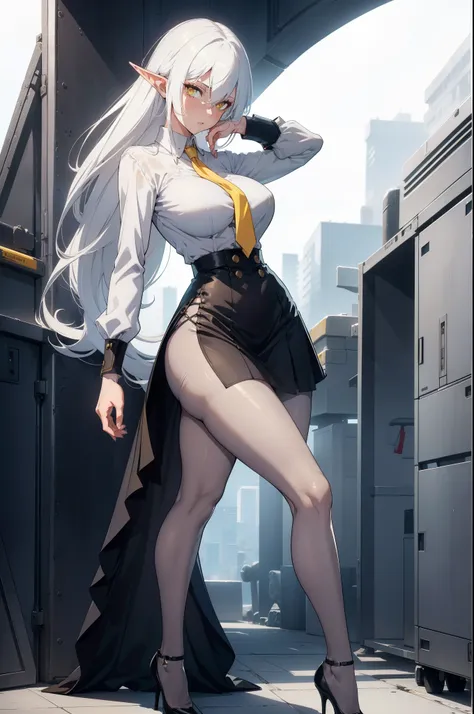 dark elf adult woman, white hair, yellow eyes, athletic body, shapely and long legs, large breasts, low-cut button shirt, tight ...