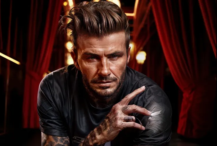 david-beckham, the game of soccer, stylish, confident, Beckhams iconic hairstyle, muscular physique, intense gaze, the sound of cheering crowds, stadium lights, precision and skill, professional sportsmanship, elegance in motion, victory and success, inter...