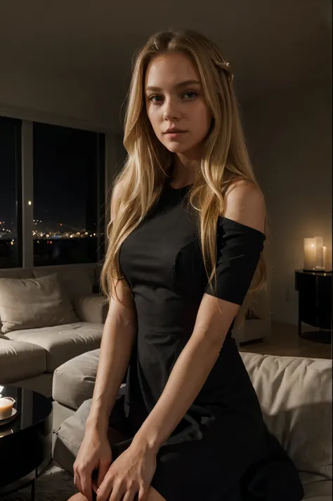 (american girl) (skinny) (realistic) (pure blonde hair) (photo realism) (beautiful) (instagram picture) (nighttime) (80 mm) (black dress) (luxury modern malibu mansion) (living room)