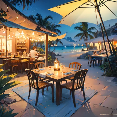 The beach at eight o&#39;clock at night，A small outdoor seaside restaurant，There are some colored lights，plant，shell，beach，Stones，A small amount of coconut trees，There are some drinks and snacks on the table，No characters required