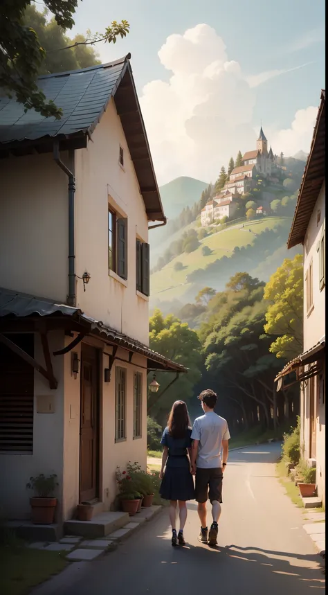 One girl with one boy, in a town, between the hills and greenery.