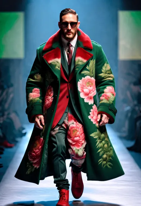 on the fashion show, tom hardy, tall fit male model, (wearing a thick cotton coat made of red and green peony cloth: 1.34), (ext...