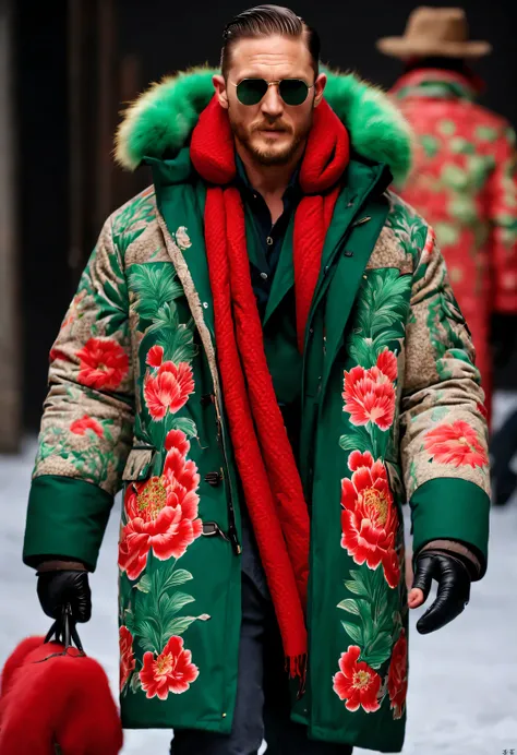 playful new fashion style, a tall and handsome male model, tom hardy, wore a cotton coat made of thick red and green peony coars...