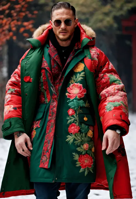 playful new fashion style, a tall and handsome male model, tom hardy, wore a cotton coat made of thick red and green peony coars...