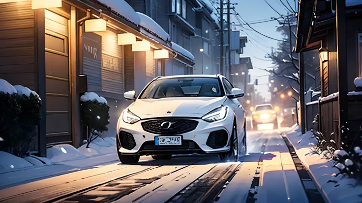 wood々Arafed car running on a snowy road with, skidding sideways, dynamic!!, with cool headlight, subtle details, winter, winter setting, side lighting XF IQ4, XF IQ 4, XF IQ4, ultra wide, high quality images, luxury, Snow weather, snow snow, 🤬 🤮 💕 🎀, ultra...