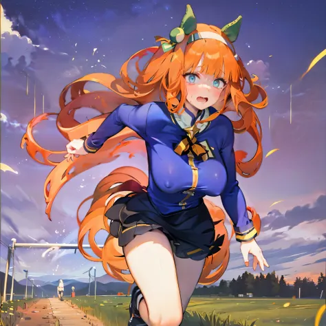 solo 1 girl (running at grass field), landscape, (too short miniskirt:1.25), (huge perky breasts:1.35), (bouncing breasts), short torso, inconceivably thin waist, miniskirt lifted by wind, (thin long legs), nose blush, open mouth widely, (nsfw:1.1), heavy ...