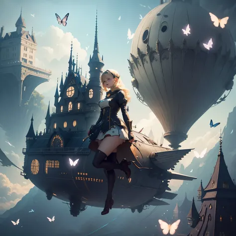 Anne Anderson, Mokona, Surreal, mysterious, strange, fantastical, fantasy, Sci-fi, Japanese anime, airship being towed by a swarm of butterflies, walking castle, distant mountains, beautiful blonde miniskirt girl Alice, perfect voluminous body, detailed ma...