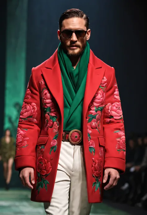 On the fashion show, Tom Hardy, Tall fit male model, (Wearing a thick cotton coat made of red and green peony cloth: 1.34), (Extra long cotton military coat: 0.65), Has warmth、Windproof cotton coat, peony flower, Leaves, Embroidery with Suzhou red and gree...