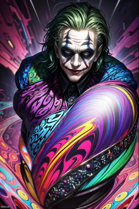 The Joker, psychedelic chaos swirling color, quirky, (best quality,highly detailed,masterpiece,HDR,UHD,K:1.3),Professional,realistic,RAWphoto,Vivid,Bokeh