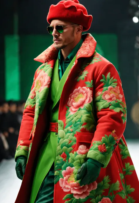 alberto seviso style，on the fashion show, tom hardy, tall fit male model, (wearing a thick cotton coat made of red and green peo...