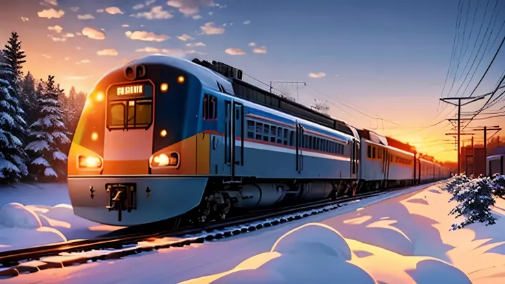 arafed train on the tracks in the snow at sunset, train, supersonic trains and passengers, high speed trains, trains, trains in the background, 🚿🗝📝, winter setting, Eero Järnefeld, The best on Adobe Stock, Written by Veikko Tolmanen, railway, polar express...