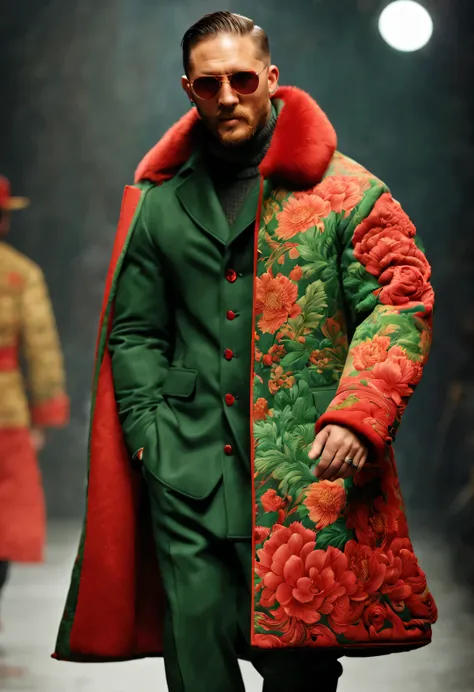 on the fashion show, tom hardy, tall fit male model, (wearing a thick cotton coat made of red and green peony cloth: 1.34), (ext...