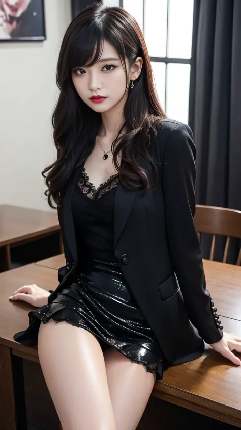 Super detailed、Japanese、charming beauty、Dainty woman、sharp eyes、cool girl、wavy hair、suit、Black chiffon dress、Jacket、blouse、Tight Skirt、black pantyhose、evil female executive、evil depravity、brainwashing、Mind control、lacy fabric、Shiny legs、lipstick、have lip g...