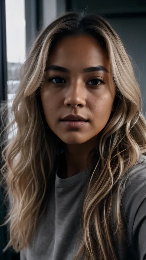 selfie portrait photo straight view of 32 y.o (tanned:1.3) female face only, wearing gray shirt, wavy dirty-blonde hair, cinematic shot, very dark dramatic blind lighting 8k uhd, natural color palette (light-brow-eyes:1.2)