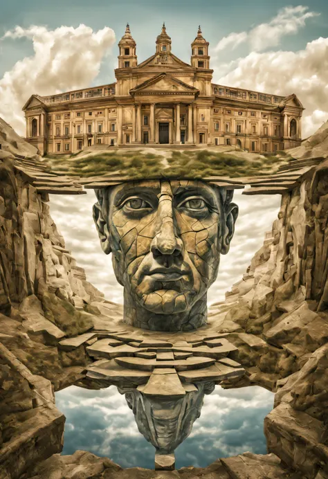 image with blivet effects, surreal images with optical effects, double objects, landscape drawing with ancient buildings, formin...