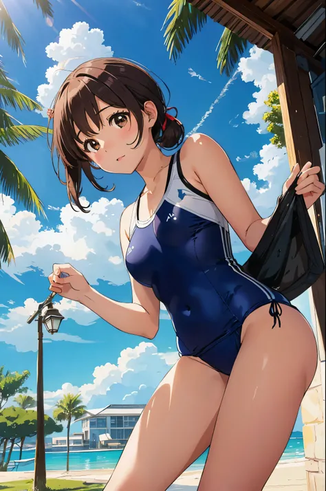 (official art)1.4 ,(sketch)1.5,(from below)1.3,( girl)1.3,(school swimwear)1.4,masterpiece,(solo girl),(look down)1.4,(wear )1.4,outdoors,in spring, soft clean focus, realistic lighting and shading, (an extremely delicate and beautiful art)1.3, elegant,act...