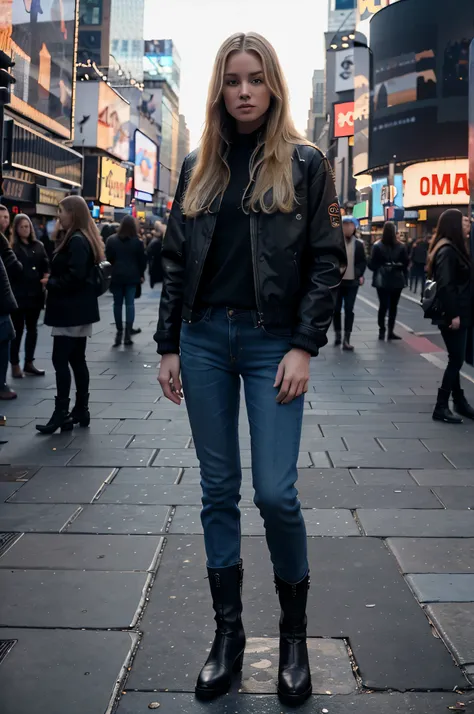 a realistic 4k image a blonde full haired model standing on times square, facing the camera, wearing a black jacket, blue denim, and black boots