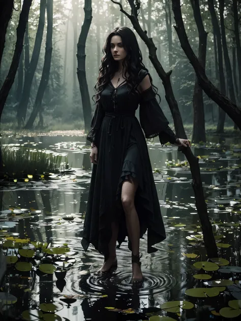 Slender witch with ((wavy dark hair)) (dressed in rags) dangling by a rope over a (((pond))) in a forest clearing. ((dramatic lighting)), ((masterpiece)), ((best quality)), ((highly detailed))