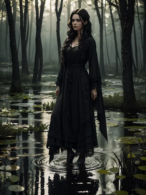 Slender witch with ((wavy dark hair)) (dressed in rags) hanging by a noose over a ((pond)) in a forest clearing. ((dramatic lighting)), ((masterpiece)), ((best quality)), ((highly detailed))