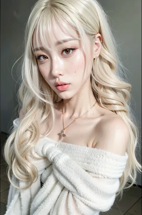 um close up de uma mulher com longos cabelos loiros usando um vestido branco, longos cabelos brancos e franja, com cabelos longos brancos, com longos cabelos brancos, penteado com corte hime branco,  com cabelo branco, cabelos brancos longos e ondulados, e...