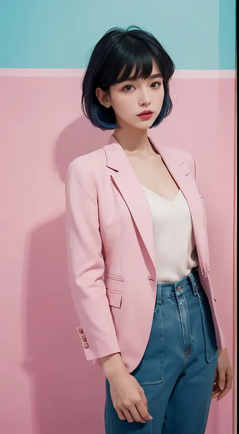 Vogue style photoshoot, Clarity, 4k, 8k, detail, actual, Beautiful Girl, wear pastle blazer, pastle pants, black lips, pink and blue mullet haircut, Perfect body, thigh, stand, pose standing, medium chest, Wes Anderson style, pastle color background in Wes...