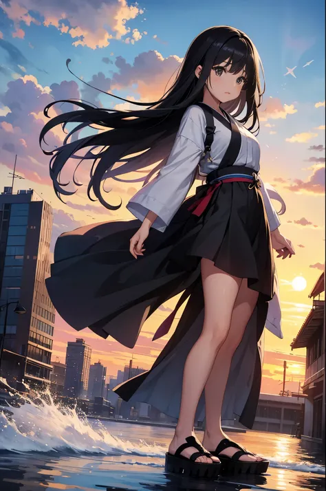 Image Quality　original characters、city girl、summer clothing、long black hair、A city made of Japanese glass wind chimes、huge entrance cloud、sunset