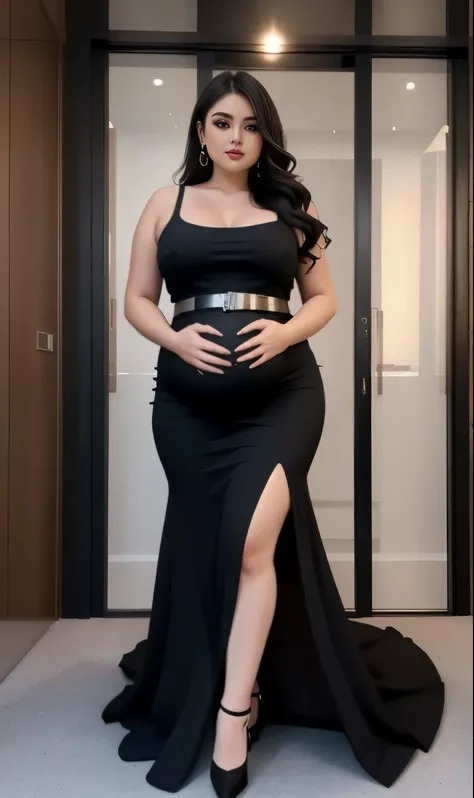 pregnant woman in black dress standing in front of a door, plus size woman, she is wearing a black dress, full black dress, an elegant woman in black dress, sophisticated dress, black dress with belt, plus size, black dress, stylish dark dress, full body v...