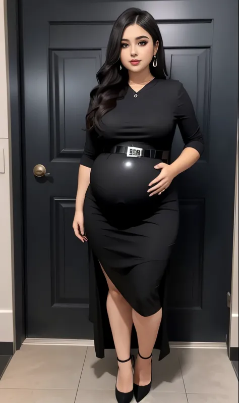 pregnant woman in black dress standing in front of a door, plus size woman, she is wearing a black dress, full black dress, an elegant woman in black dress, sophisticated dress, black dress with belt, plus size, black dress, stylish dark dress, full body v...